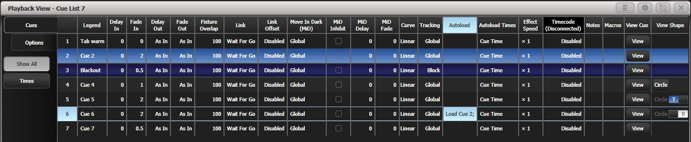 Playback View of Cue List