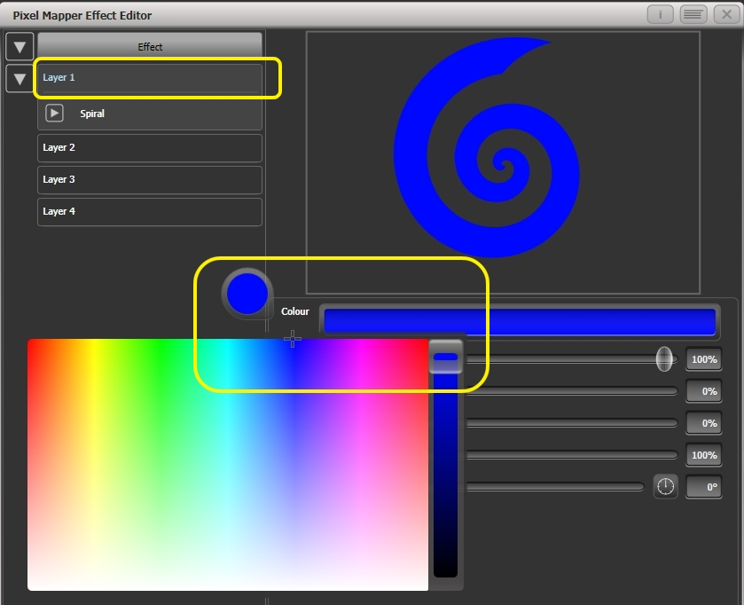 Effect Editor - Pixel Mapper - Changing Colour of Spiral Layer to Blue