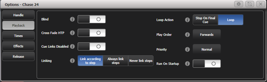 Playback Options (playback tab) for a chase