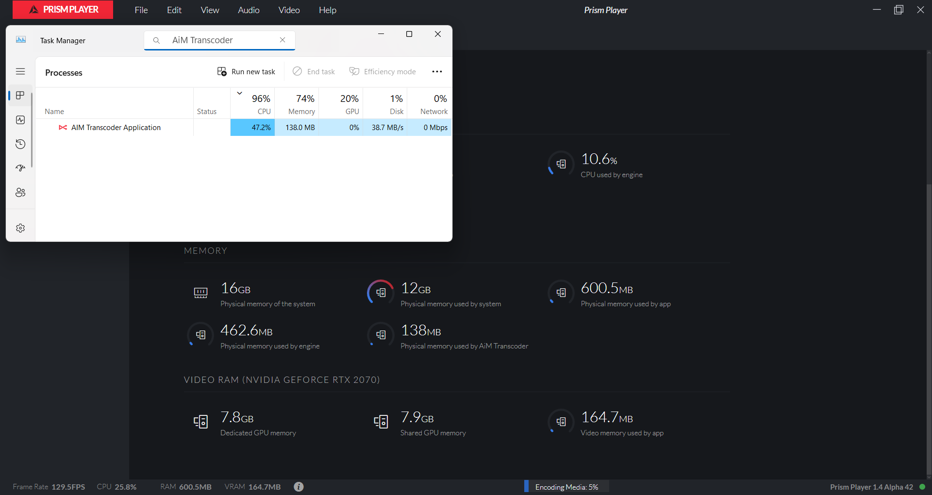AiM Transcoder process memory usage